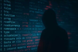 Figura humana difusa detrás de líneas de código azul brillante, representando una amenaza digital invisible. Imagen creada para un artículo de Leveryth sobre tipos de malware y cómo protegerse.