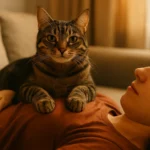 Gato atigrado descansando sobre una persona mientras mira a la cámara con actitud de seguridad y apego.