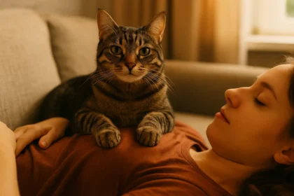 Gato atigrado descansando sobre una persona mientras mira a la cámara con actitud de seguridad y apego.