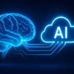 Cerebro digital azul conectado a una nube de inteligencia artificial, simbolizando el uso de IA generativa en plataformas como Google Cloud.