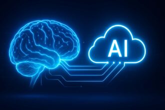 Cerebro digital azul conectado a una nube de inteligencia artificial, simbolizando el uso de IA generativa en plataformas como Google Cloud.