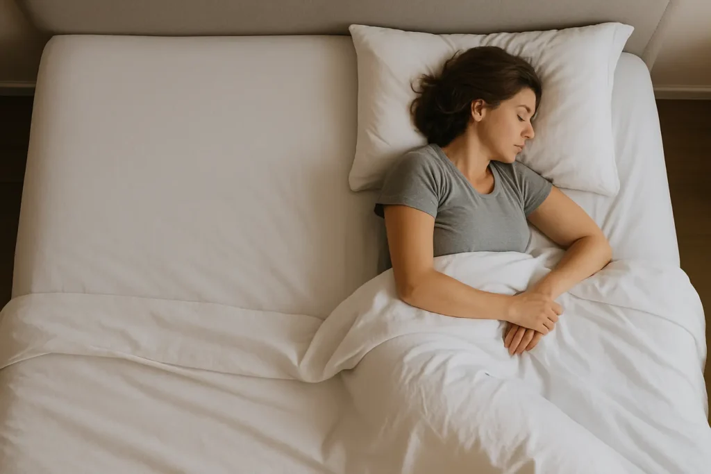 Una persona dormida en el borde derecho de la cama, vista desde arriba, con el otro lado totalmente vacío (territorio visual).
Ya está en orientación horizontal y transmite la idea de rutina + territorio.