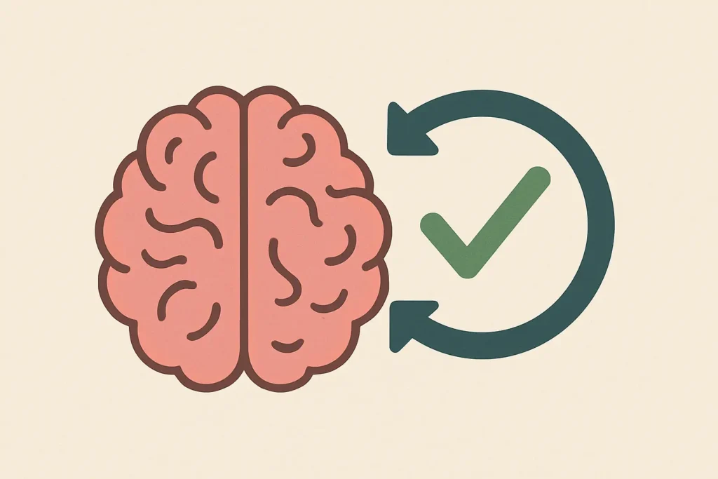 Ilustración conceptual: cerebro a la izquierda + flecha circular con check a la derecha, simbolizando hábitos automáticos.