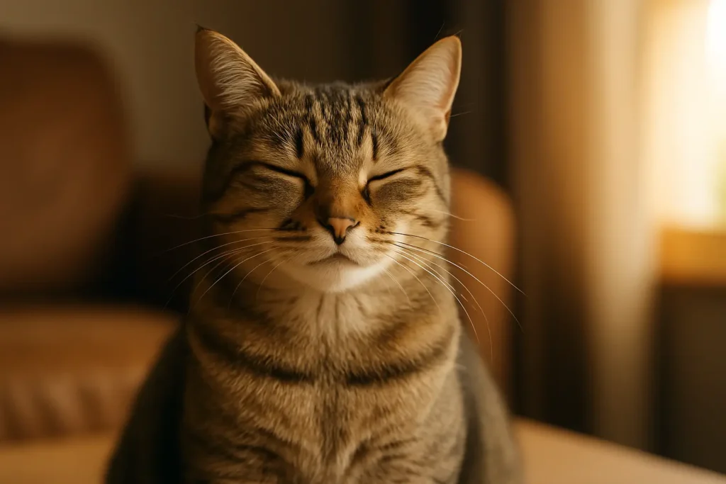 Gato doméstico con ojos semicerrados demostrando confianza y relajación en un ambiente cálido.