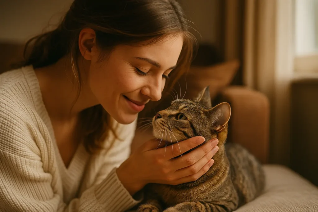 Persona acaricia suavemente a un gato que mira con afecto, mostrando conexión y respeto del espacio.