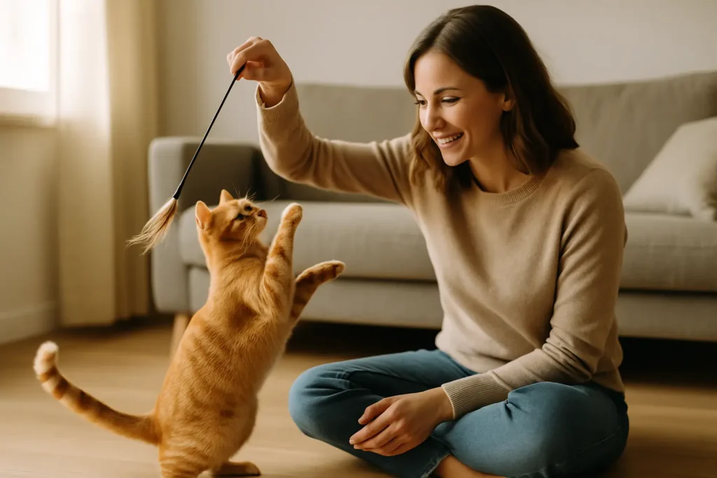 Persona juega con un gato usando un juguete tipo caña, estimulando el instinto de caza y fortaleciendo el vínculo.